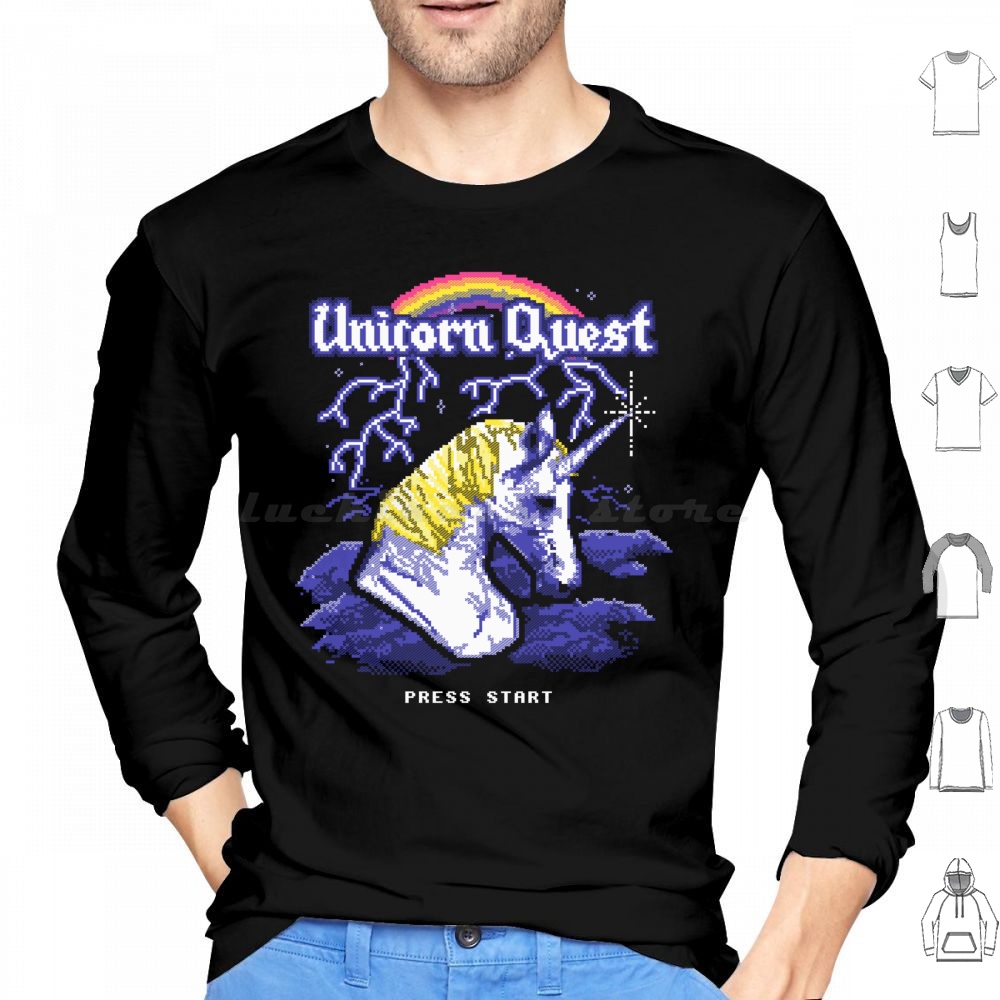 Arcade Quest - เสื้อฮู้ดยูนิคอร์นเควสต์ผ้าฝ้ายแขนยาวยูนิยูนิคอร์นเมจิกเกมเกมเมอร์เกมมิ่งอาร์เคดเรนโบว์คูลเรโทรเควสต์แอดเวนเจอร์